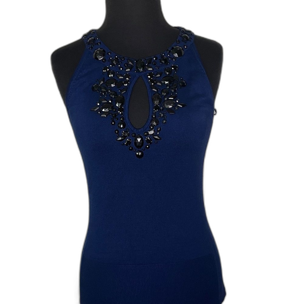 Cache Blue Jeweled Keyhole Silk Blend Knit Top Size Small Vintage Y2K.